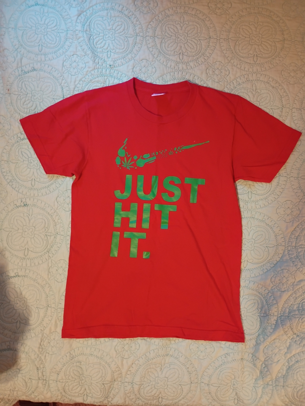 Supreme Red Tee with White Woven Label " JUST HIT IT"  logo